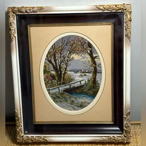 WIEHLER GOBELIN EMBROIDERY TAPESTRY Winter Scene in beautiful Framed